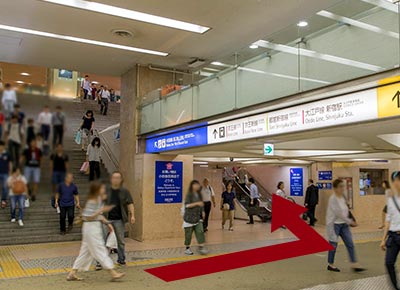 JR新宿駅西口改札の前に出たら、「小田急百貨店」入口につながるエスカレータ（または階段）をお上がりください。