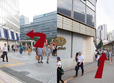 從地下層出到路面後，確認京王百貨店在自己左邊後，沿著馬路繼續前行。